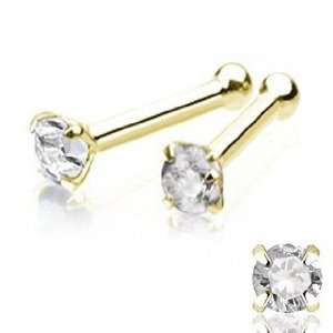14k Yellow Gold Nose Bone with Clear CZ / Prong Setting, 2mm   Sold 