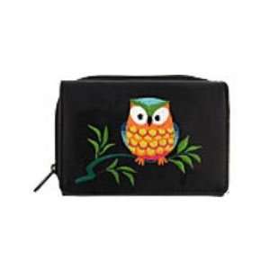   Colorful Owl on Branch Black Vegan Pleather Applicade Tri Fold Wallet