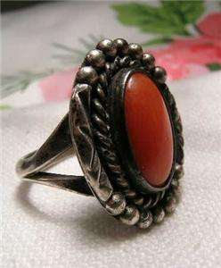   Sterling AMERICAN SOUTHWESTERN TRIBAL RED CORAL RING SIZE 7.5~SIGNED