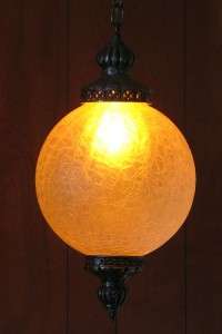   70s HANGING FROSTED WHITE CRACKLE GLASS GLOBE & BRASS SWAG LAMP  