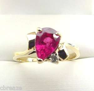 BEAUTIFUL COLOR NATURAL RUBY PEAR SHAPE & DIAMOND 10K GOLD RING  