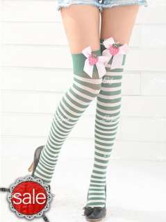 New Sexy Sheer Green Striped Thigh High Stockings with Strawberry Bow 