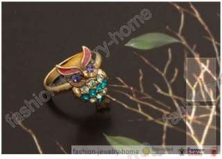 Fashion interesting multicolour crystal gold plated Owl Ring  
