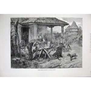   1885 Shoeing Oxen Horses Servian Smithy Schomberg Art