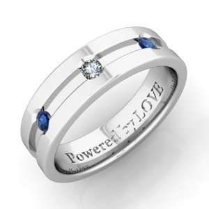 Engraved Mens 3 Stone Sapphire Diamond Wedding Band Comfort Fit in 14k 