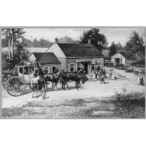  People,horses,stagecoach,Eagle Tavern,PA,Trees,children 