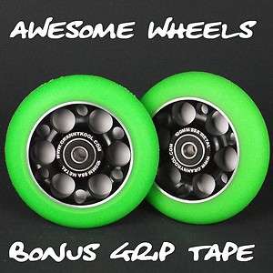 Black Green Drilled Metal Core Scooter Wheels x2  