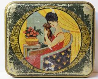 Antique Art nouveau Lady & Dog Biscuit Tin.1900s  
