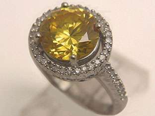 14k WHITE GOLD ORANGE YELLOW STONE & DIAMOND RING  