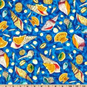  44 Wide Tranquil Waters Shells Blue Fabric By The Yard 
