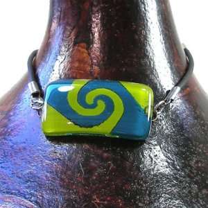  Rectangular Glass Bracelet   Green & Aqua Swirl