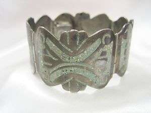 Vintage Mexico Sterling Silver Inlaid Malachite Wide Link Bracelet 