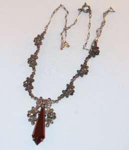   STERLING SILVER GERMANY CARNELIAN & MARCASITE FLORAL NECKLACE  