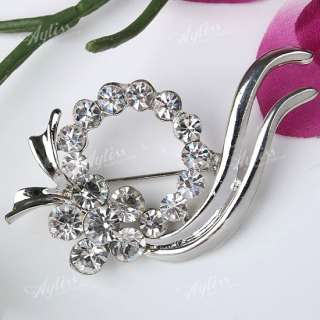 32X61mm Silver Plated Crystal Glass Pin Flower Brooch  