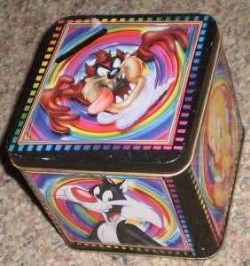 2000 LOONEY TUNES COLLECTIBLE SQUARE COIN BANK TIN   TAZ TWEETY COIN 