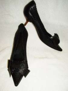 NEW~LILIANA~Black Perforated Leather Kitten Heel Shoes~Bow Front~Made 