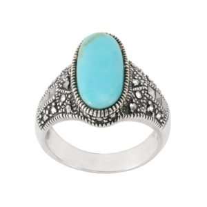  Sterling Silver Marcasite Oval Synthetic Turquoise Ring 