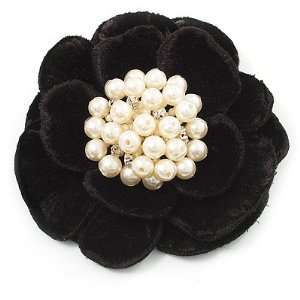  Large Black Velour Faux Pearl Flower Brooch Jewelry