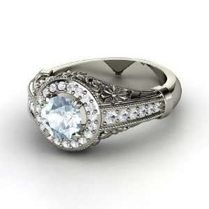  Primrose Ring, Round Aquamarine 14K White Gold Ring with 