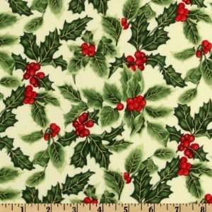 Wide Holly Holiday Holly & Berries Green/Cream/Metallic Gold Fabric 