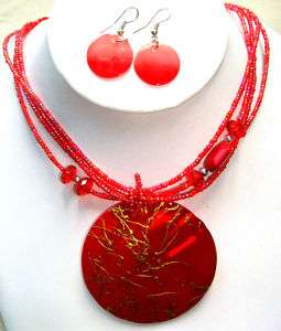 RED MOTHER OF PEARL SHELL, BEADS NECKLACE EARRINGS NEW  
