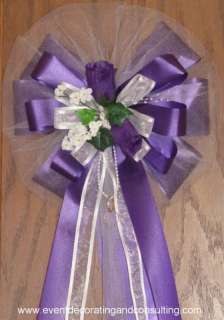 10 PURPLE ROSES WHITE TULLE Pew Bows for Special Events  