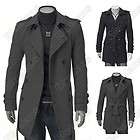 Mens UK Style High Quanlity Stylish Woolen Trench Coat Windcoat Black 