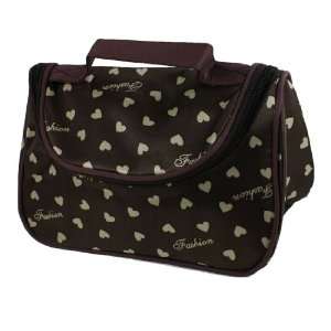 White Heart Letter Printed Double Zip Up Makeup Bag Chocolate Color
