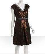 Outfit Carmen Marc Valvo copper woven jacquard cap sleeve dress 