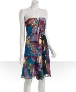 Nicole Miller rose paint splatter silk lurex strapless dress   