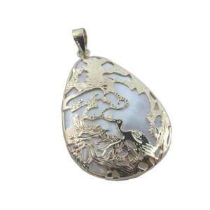   Mother Of Pearl Egg Shaped Bird Sanctuary Pendant, 14k Gold Jewelry
