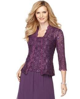 Alex Evenings Jacket & Cami, Three Quarter Sleeve Sequin Lace   Womens 