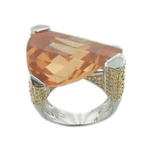  Large Sterling Silver 925 Citrine & Clear CZ Angled Ring 