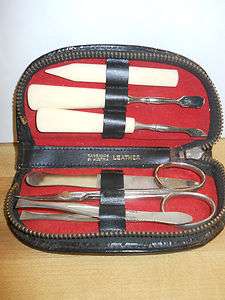 Antique German Complete Travel Manicure Set Leather Case Faux Ivory 