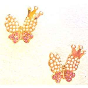 Betsey Johnson Crown Pearl Encrusted Butterfly Butterflies Earrings