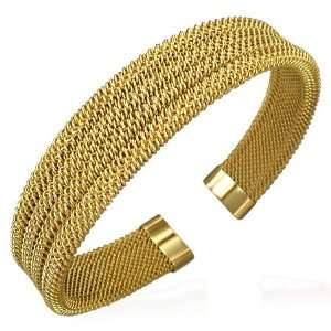 Stainless Steel Gold Plated Multi row Mesh Womens Open End Cuff Bangle 
