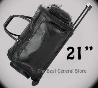 21 Black Leather Duffle Tote Travel Carry On Folding Trolley Bag with 
