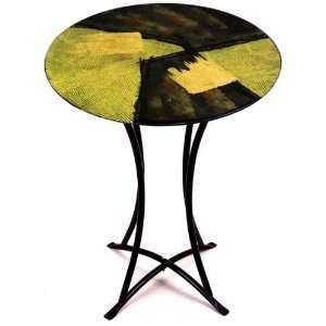   20 Inch by 30 Inch Fused Glass Round Accent Table, Black/Gold Leaf