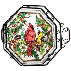 Amia Beveled Glass Octagon Tray with Christmas Songbird Design, Hand 