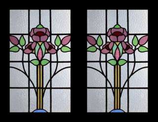 CIRCA 1900 PAIR OF AWESOME ART NOUVEAU FLORAL Stained Glass Windows 