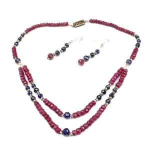 Handcrafted Natural 2 Strands Ruby & Sapphire Beaded Necklace with 