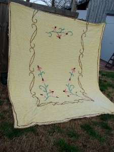 VINTAGE YELLOW & PINK FLORAL CHENILLE BEDSPREAD  