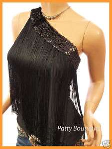 Black Sequins One Shoulder Fringe Clubwear Top S M L XL  