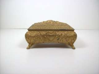 Vintage Repousse Trinket Jewelry Box Casket Gold Tone Red Lined 