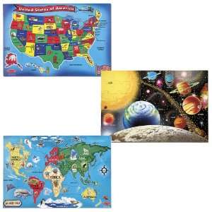   Wooden USA Map, Solar System and World Map Puzzle Bundle Toys & Games