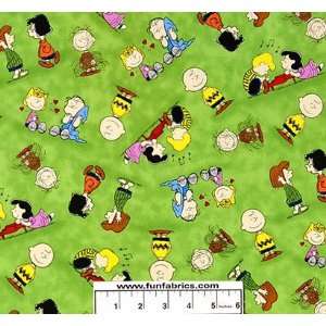  Peanuts Characters Toss on Moss Green Fabric Arts, Crafts 