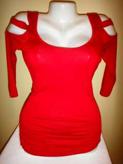 Bebe 2b NEW 3/4 Sleeve Cold Shoulder Rouched Sides Red Shirt Top 