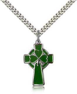 Green Clover Sterl Silver Celtic Cross Pendant Necklace  