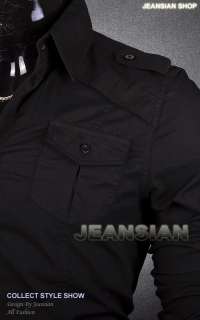 SWM Mens Designer Slim Military Casual Shirts Top Black  