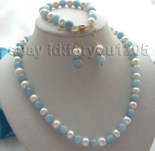   10mm White Pearl Green Aquamarine Necklace Bracelet Earrings SET